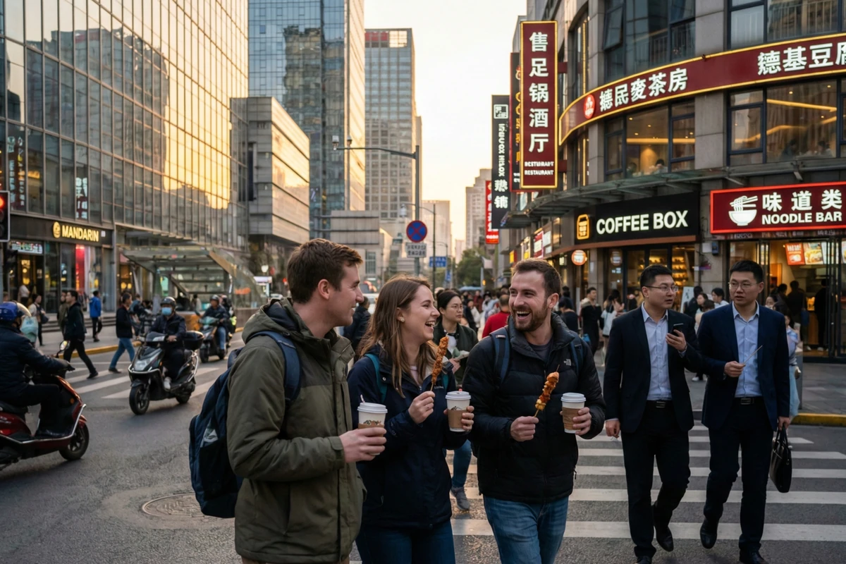 English teacher overlooking a modern Chinese coastal city skyline near the beach