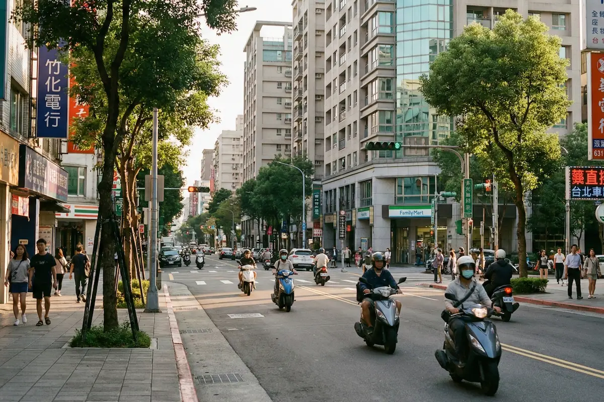 Everyday city life in Taiwan with scooters, pedestrians, and modern streets