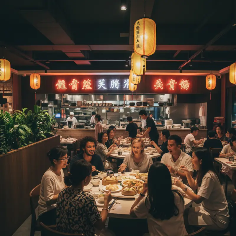 People sharing a meal at a local restaurant in Taiwan surrounded by traditional lanterns