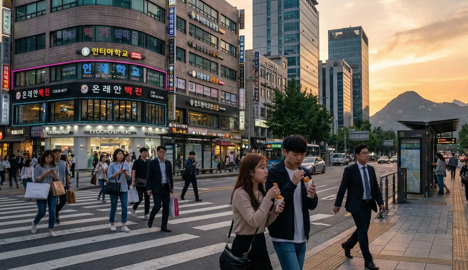 South Korea city street scene at sunset—modern lifestyle for TEFL teachers living in Korea