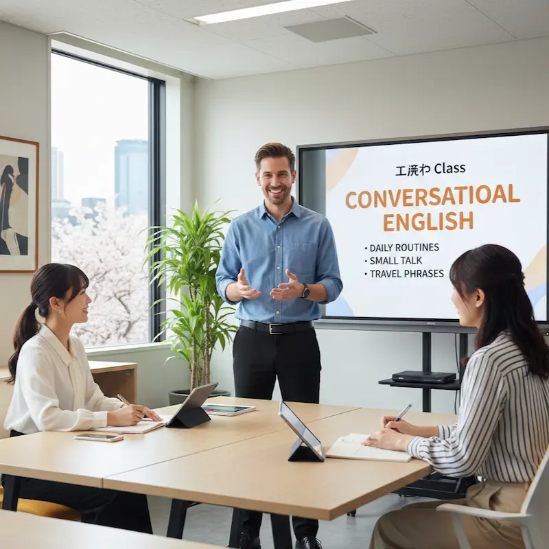 Foreign English teacher leading a conversational English class in Japan