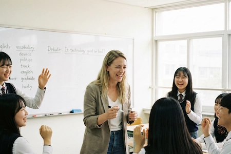 English teacher leading an interactive classroom lesson with students in South Korea