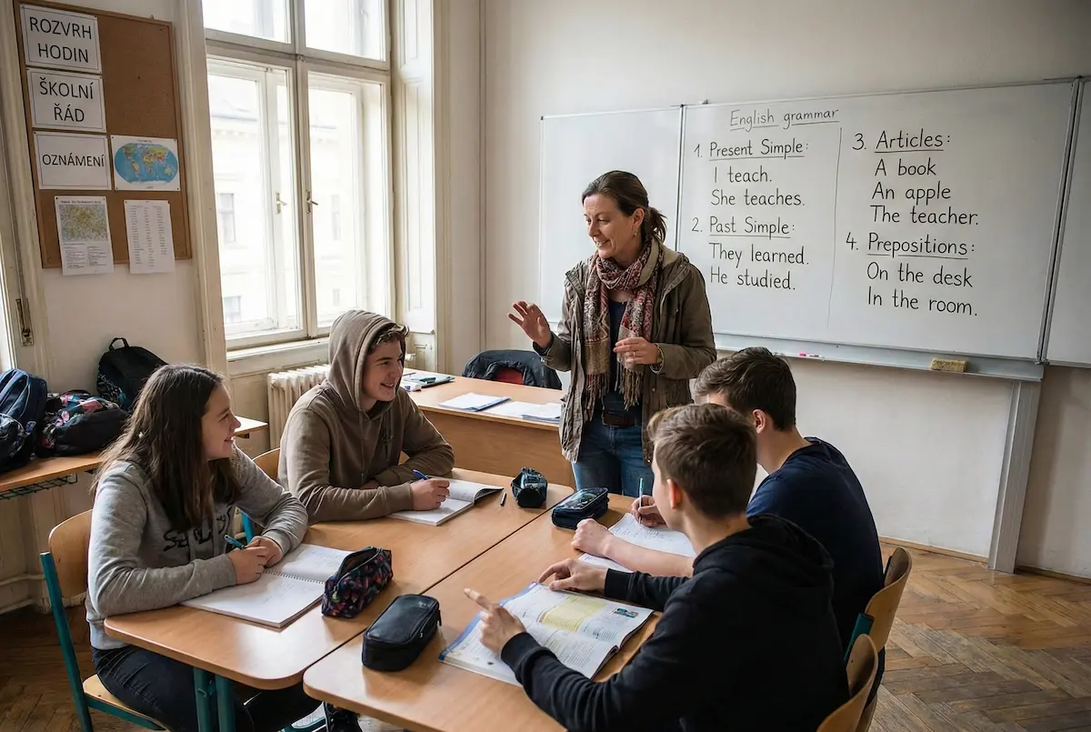 English teacher working with students in a Prague classroom | myTEFL Czechia