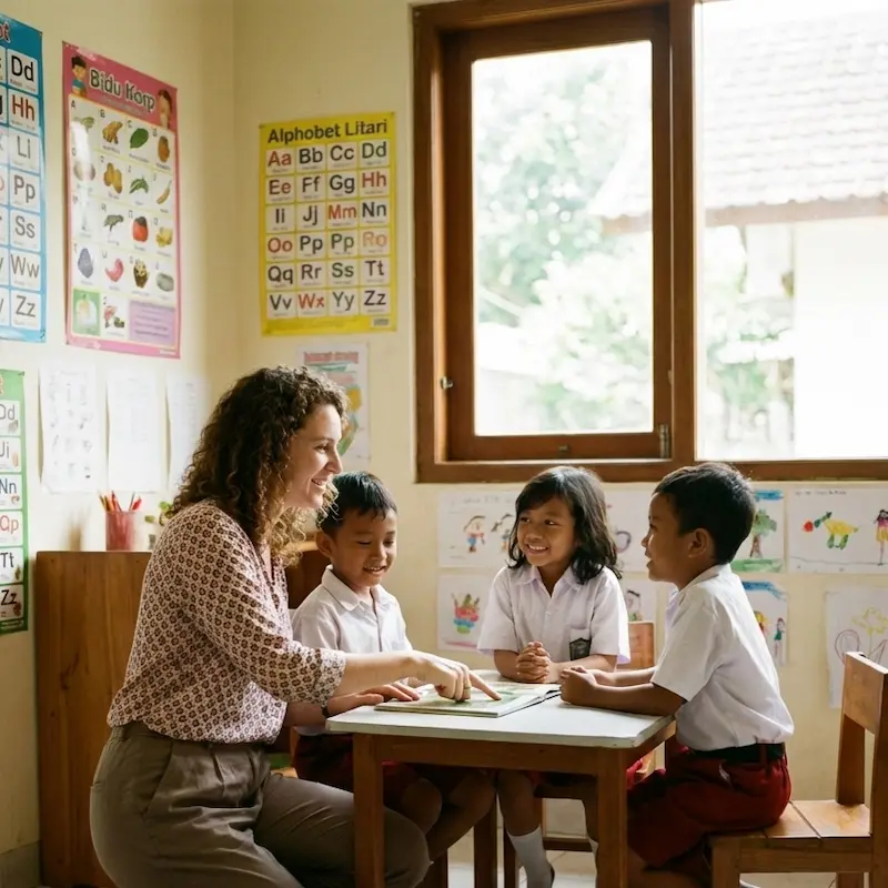 ESL teacher working with happy young students in an Indonesian classroom