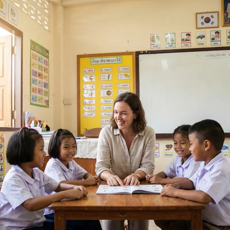 English teacher working with happy young children in a Thai classroom