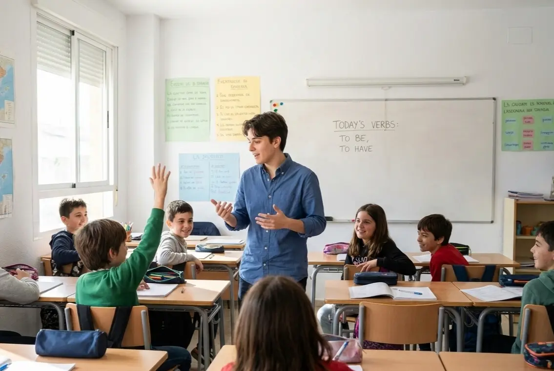English teaching assistant leading a Spanish classroom with primary school students