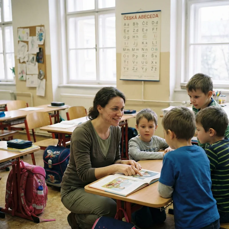 TEFL teacher leading a small group discussion in a Czechia classroom