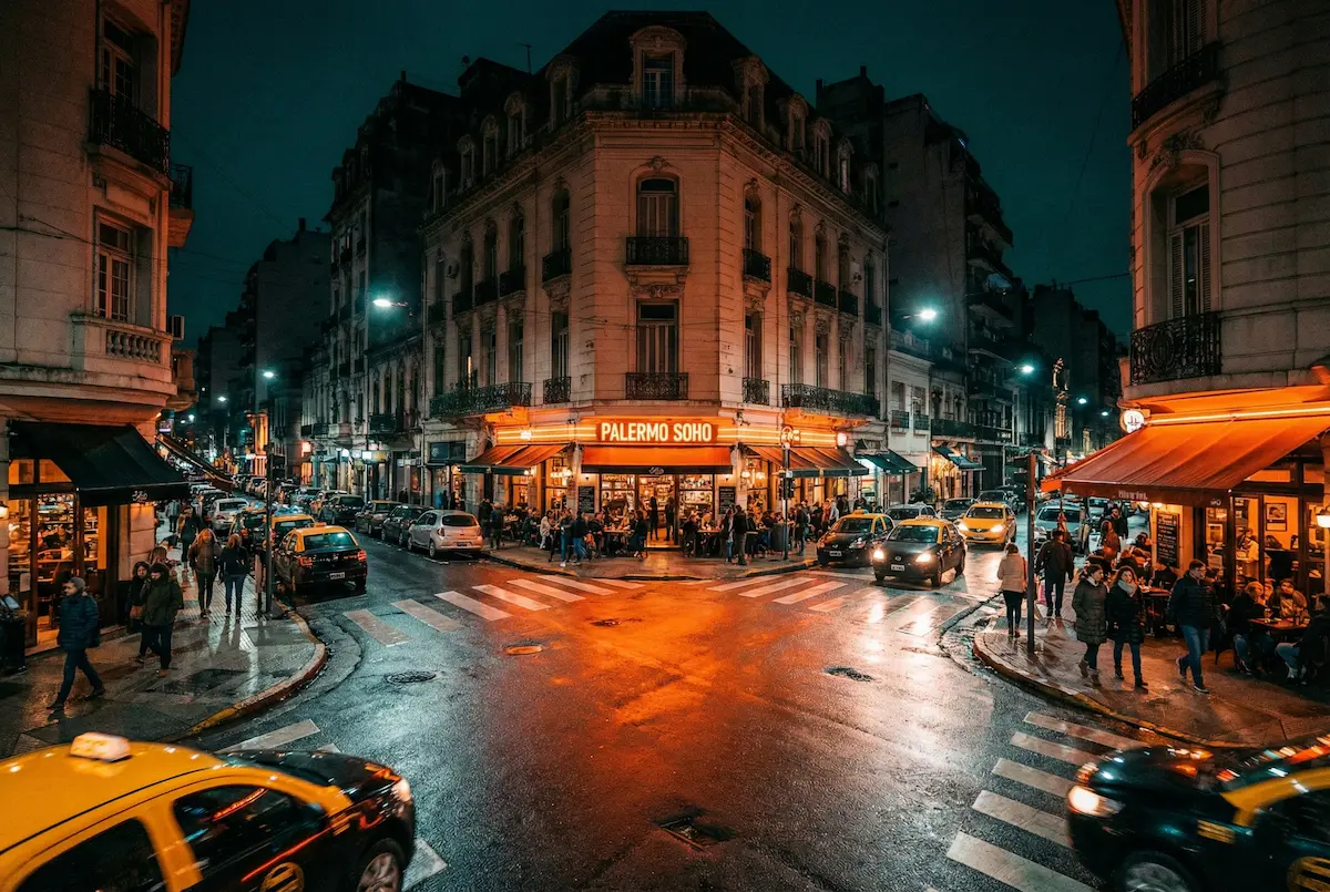 Night street scene in Palermo Soho, Buenos Aires, near TEFL internship placements with myTEFL