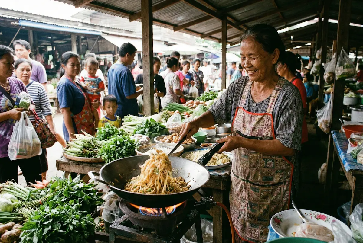 Local food market in Thailand showing everyday culture and community life near teaching placements