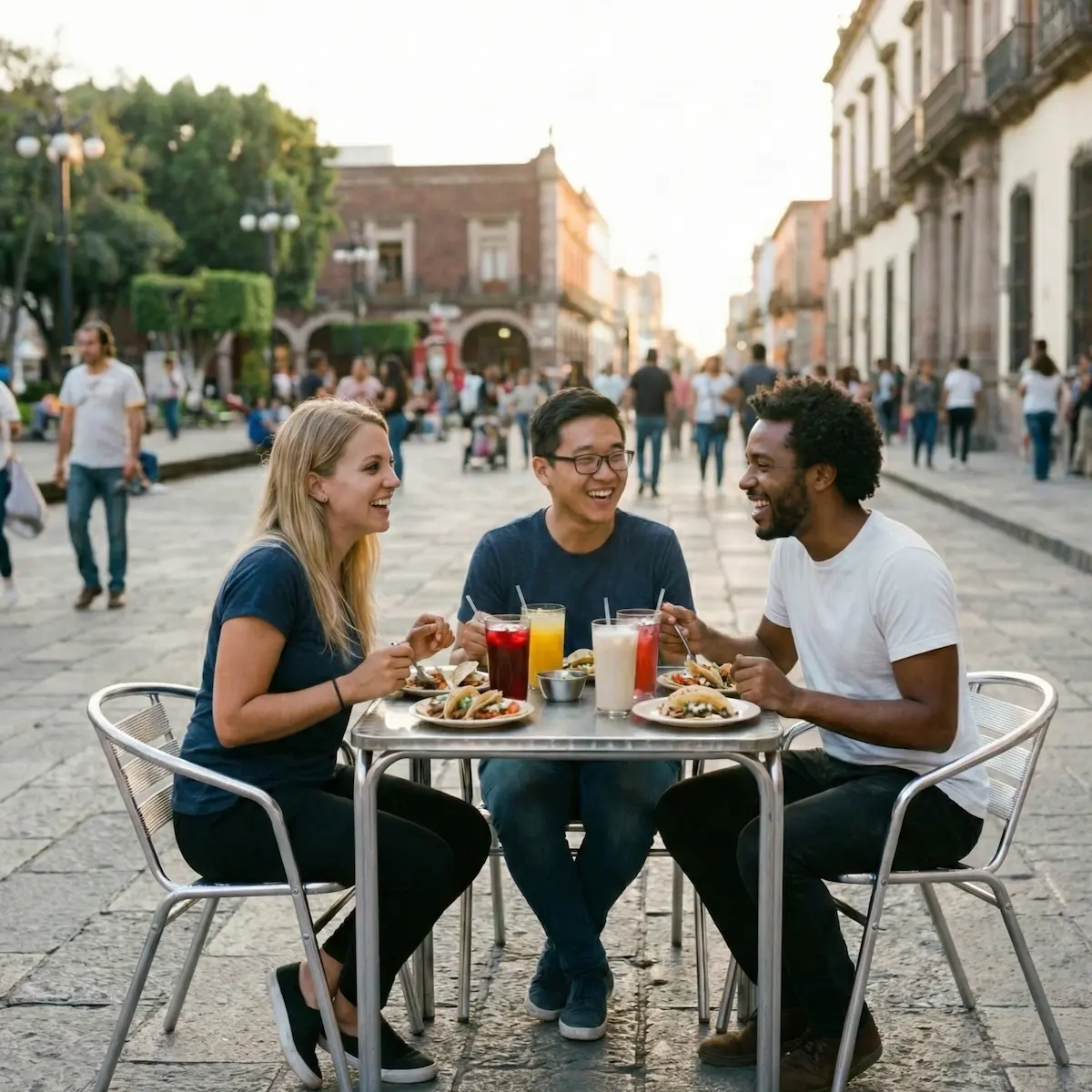 TEFL internship cohort enjoying a meal together in Mexico after English teaching training