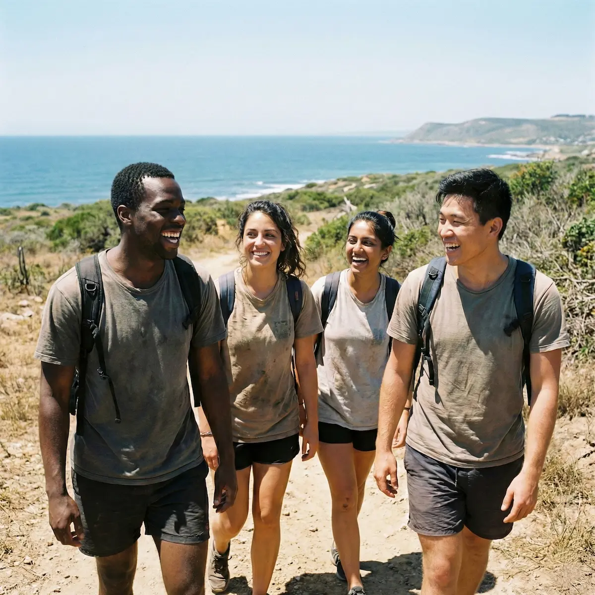 Volunteers walking near the coast in Port Elizabeth, South Africa