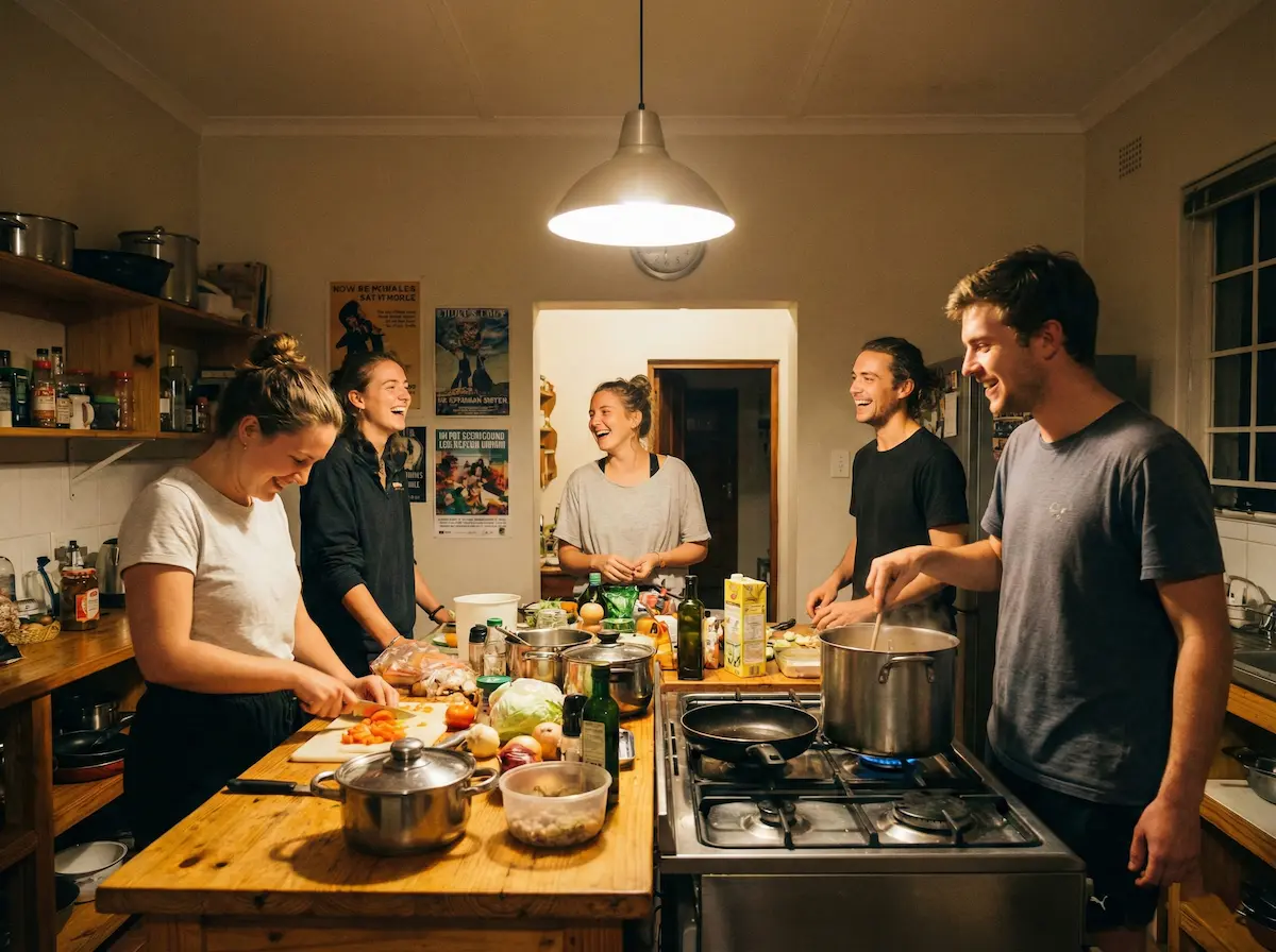 Volunteers cooking and socializing in the shared volunteer house in Port Elizabeth