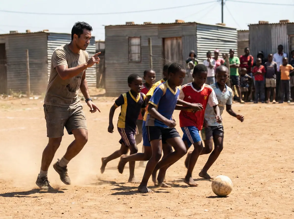 Volunteer coaching soccer in a South African township