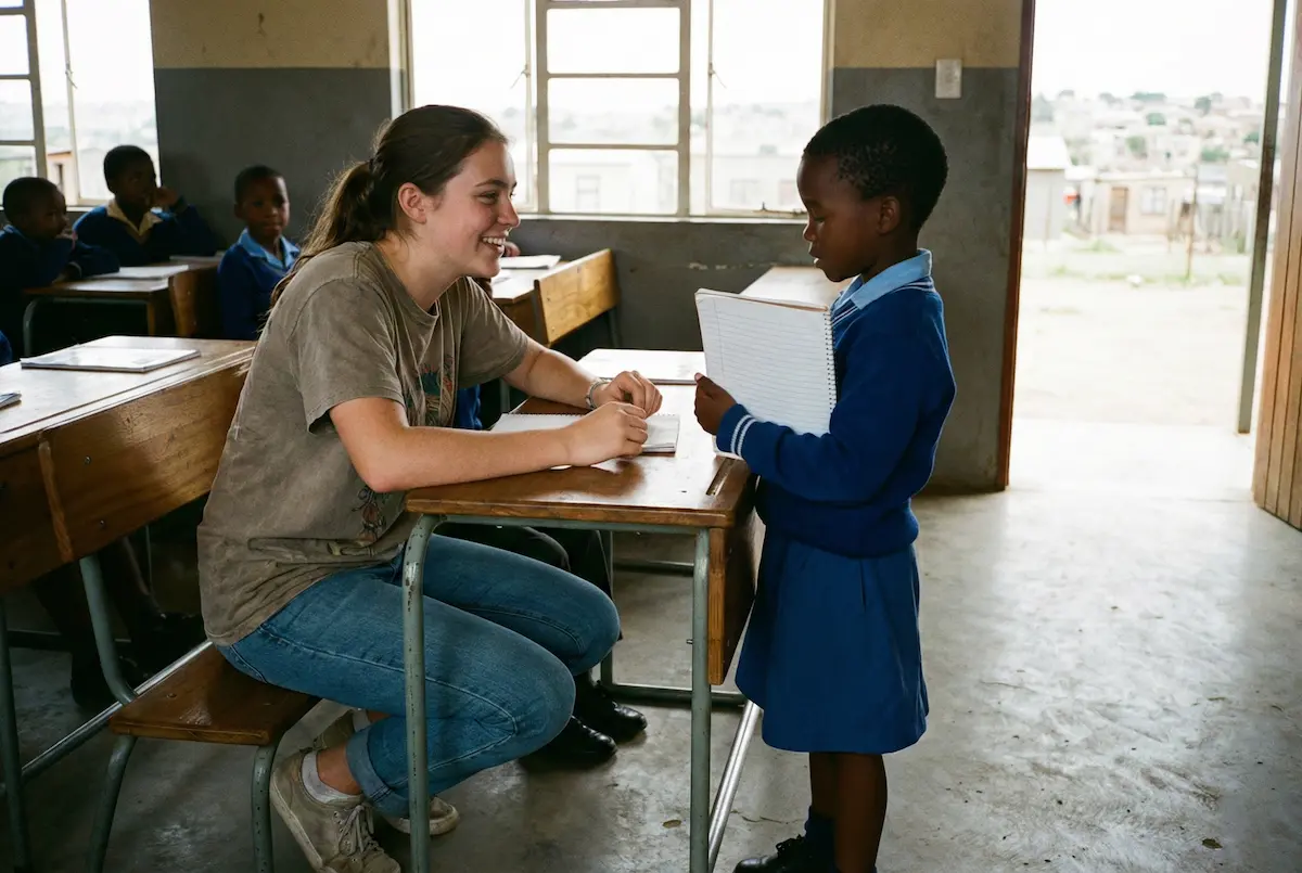 Volunteer teacher helping students in a South African township classroom