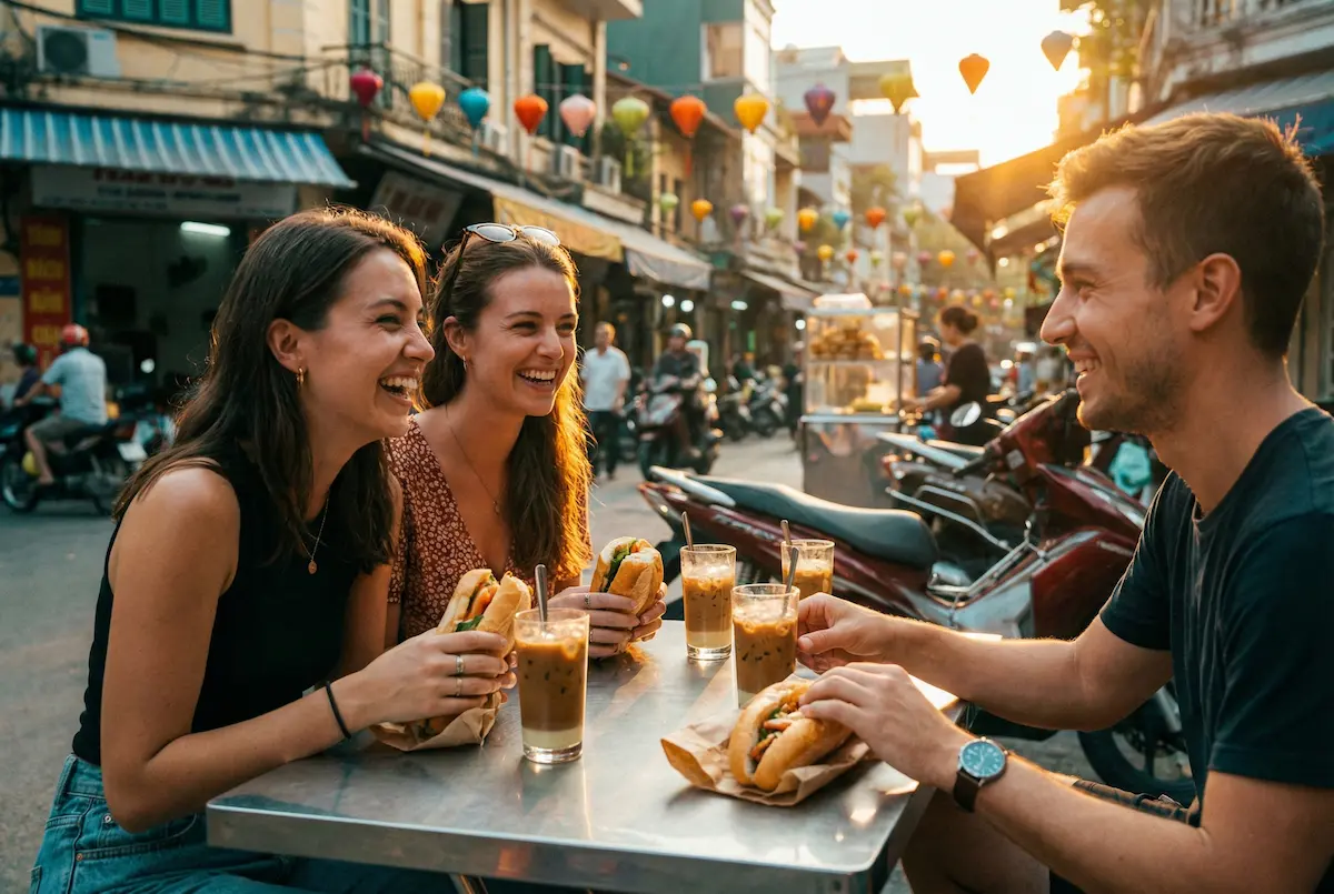 TEFL interns enjoying street food and social life during a myTEFL internship in Vietnam