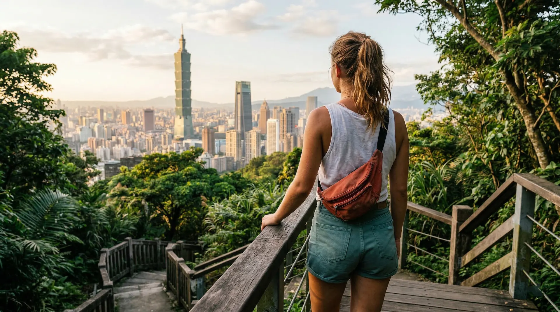 TEFL teacher looking out over the Taipei city skyline and Taipei 101 in Taiwan