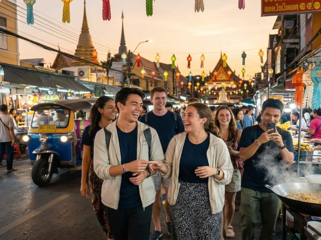 A group of young TEFL interns laughing and walking together through a vibrant Thai night market, featuring glowing lanterns, street food vendors, and a blue tuk-tuk.