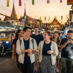A group of young TEFL interns laughing and walking together through a vibrant Thai night market, featuring glowing lanterns, street food vendors, and a blue tuk-tuk.