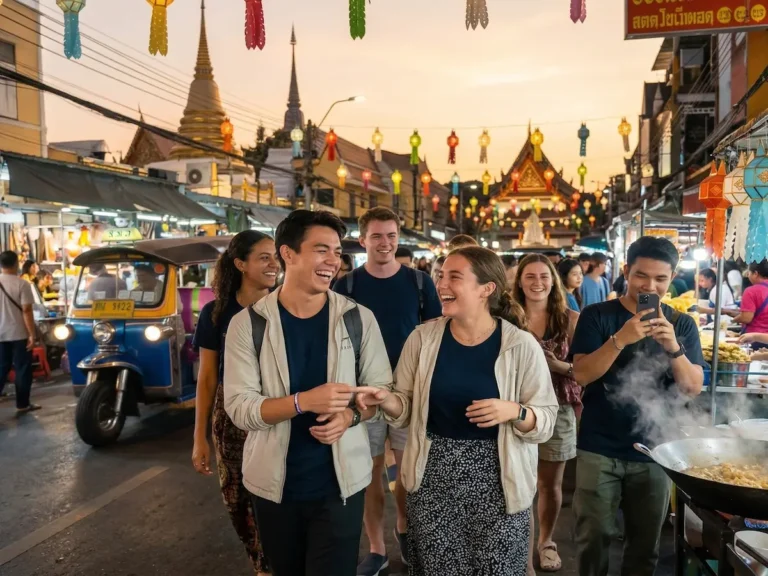 A group of young TEFL interns laughing and walking together through a vibrant Thai night market, featuring glowing lanterns, street food vendors, and a blue tuk-tuk.